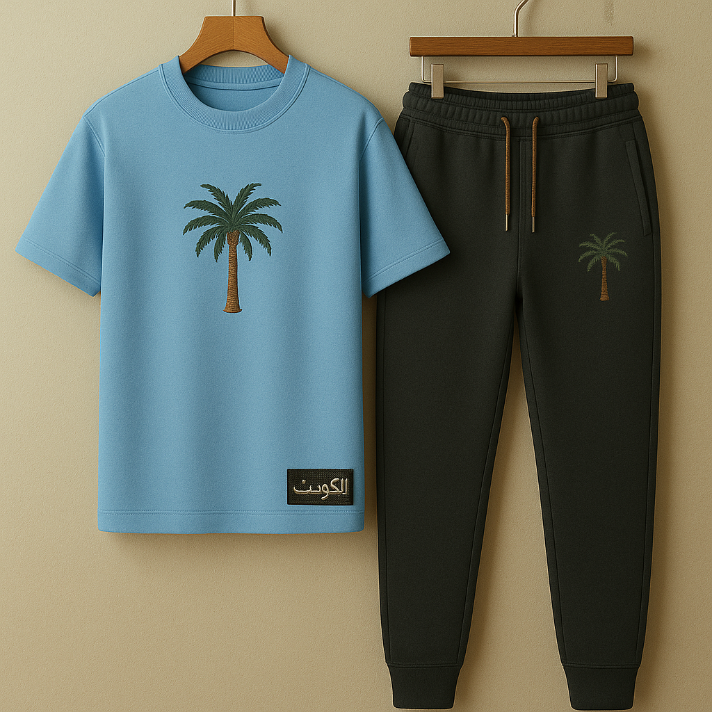 Palm Street Printed T-Shirt and Pants Set - PSPRTKUPA6 - Light Blue Black - Kuwait Exclusive