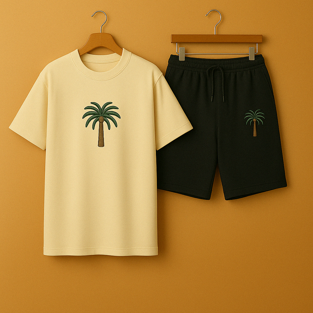 Palm Street Printed T-Shirt and Shorts Set - PSPRTSSH6 - Cream Black