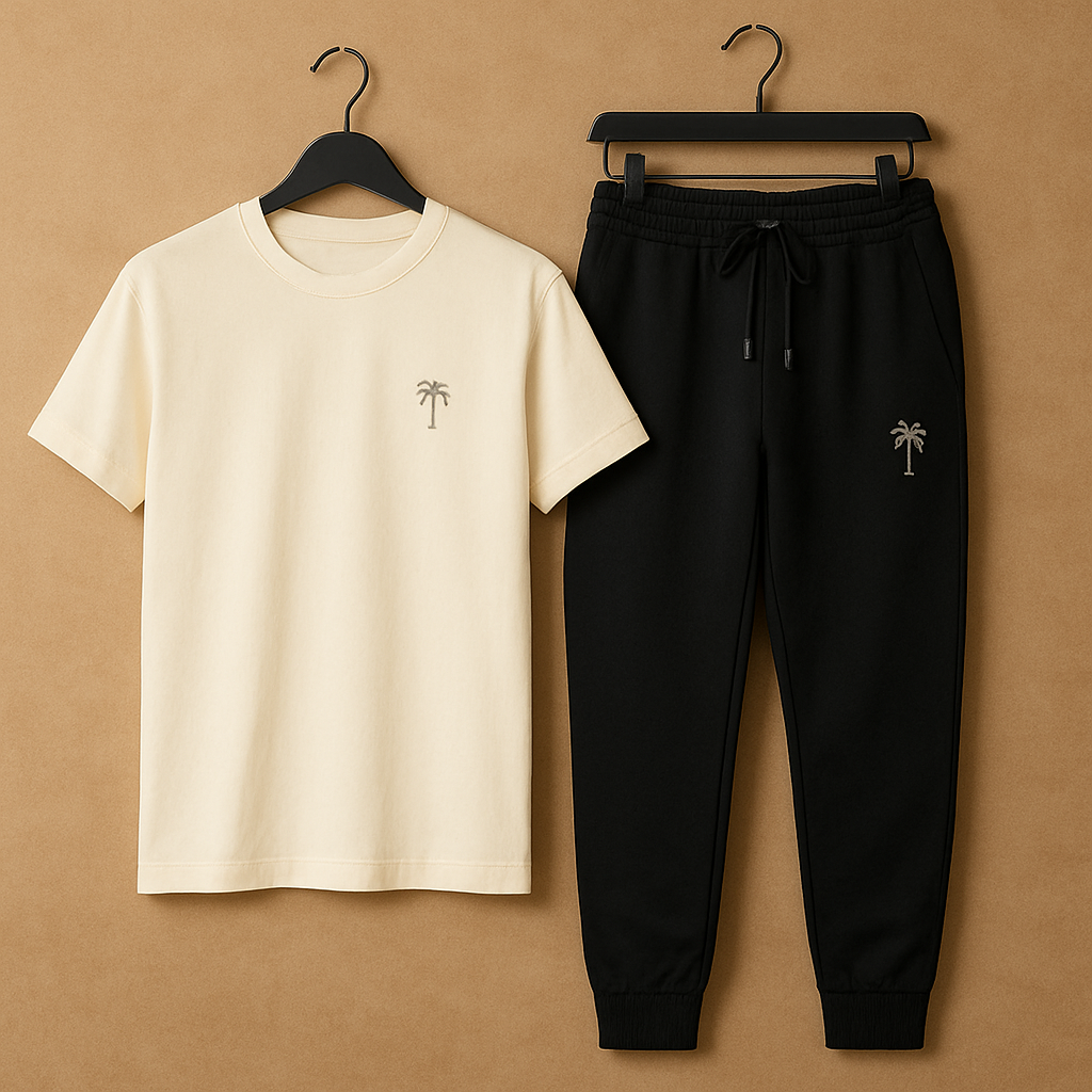 Palm Street Printed T-Shirt and Pants Set - PSPRTSPA16 - Cream Black