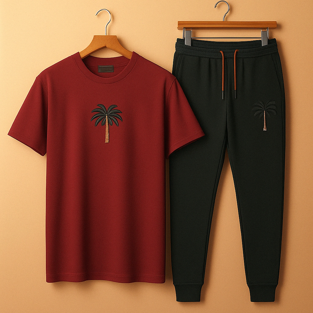 Palm Street Printed T-Shirt and Pants Set - PSPRTSPA19 - Maroon Black