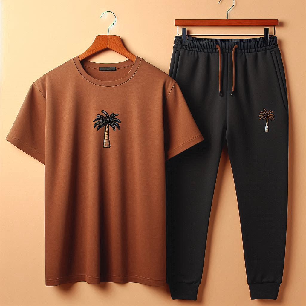 Palm Street Printed T-Shirt and Pants Set - PSPRTSPA11 - Brown Black