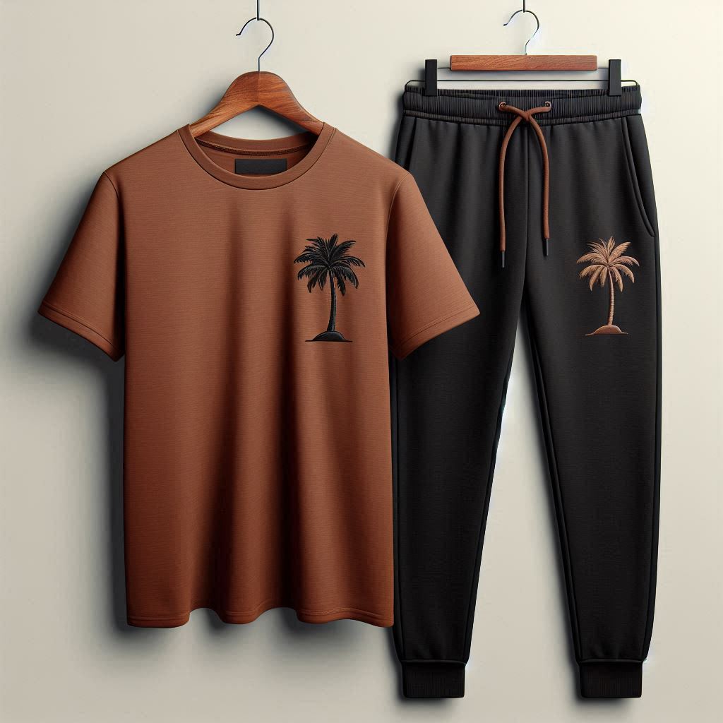 Palm Street Printed T-Shirt and Pants Set - PSPRTSPA12 - Brown Black