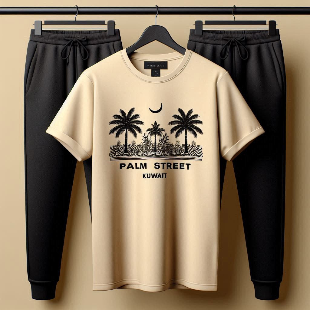 Palm Street Printed T-Shirt and Pants Set - PSPRTKUPA2 - Cream Black - Kuwait Exclusive