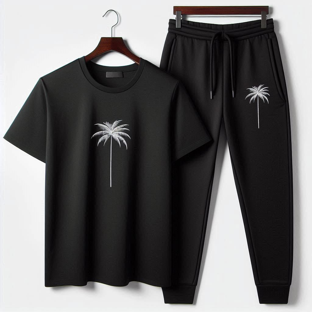 Palm Street Printed T-Shirt and Pants Set - PSPRTSPA10 - Black Black