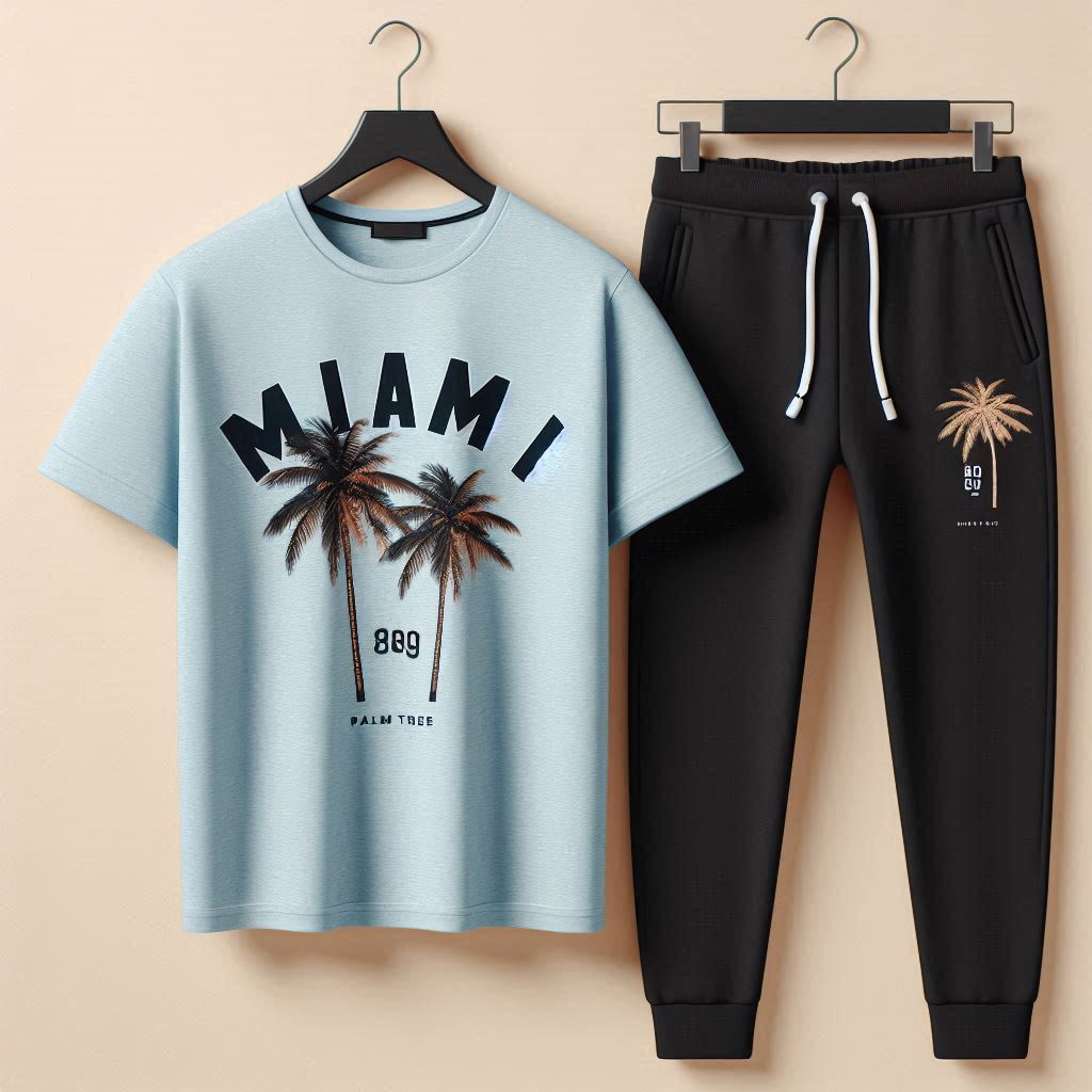 Palm Street Printed T-Shirt and Pants Set - PSPRTSPA15 - Light Blue Black