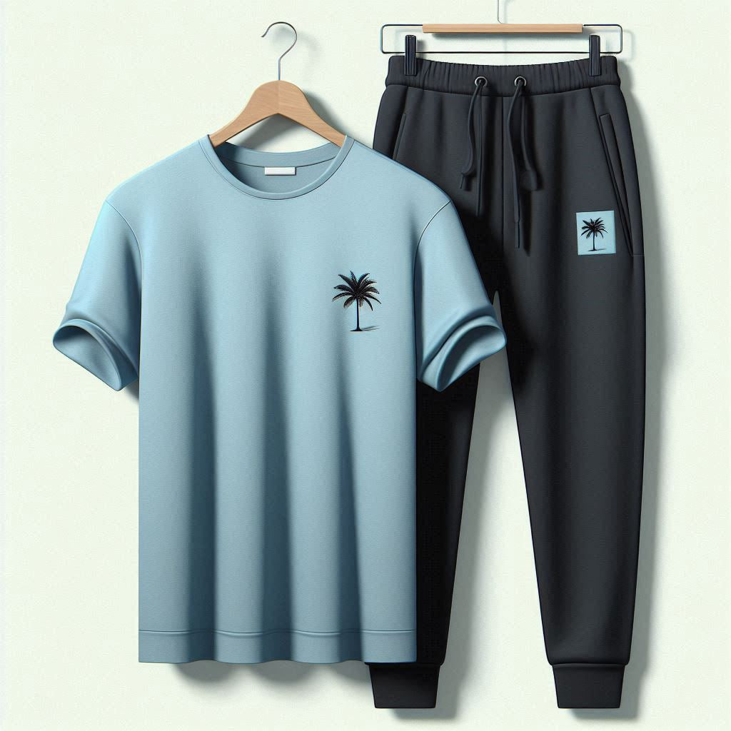 Palm Street Printed T-Shirt and Pants Set - PSPRTSPA8 - Light Blue Black