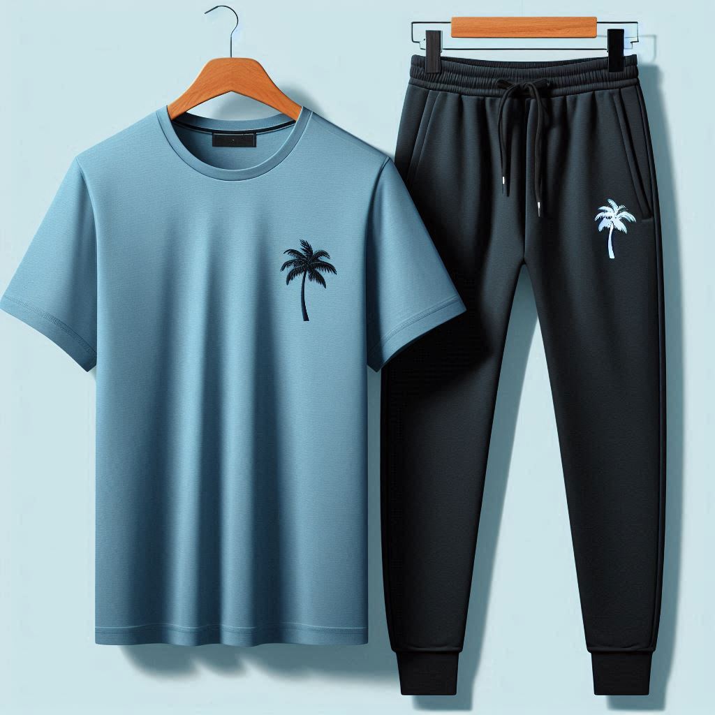 Palm Street Printed T-Shirt and Pants Set - PSPRTSPA6 - Light Blue Black