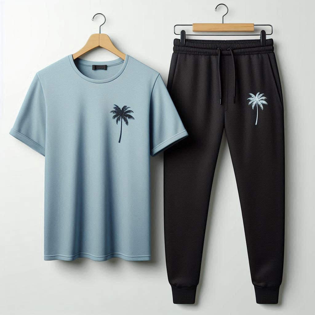 Palm Street Printed T-Shirt and Pants Set - PSPRTSPA20 - Light Blue Black