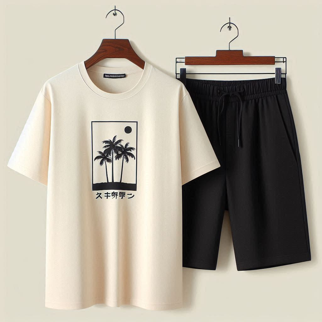 Palm Street Printed T-Shirt and Shorts Set - PSPRTSSH5 - Cream Black
