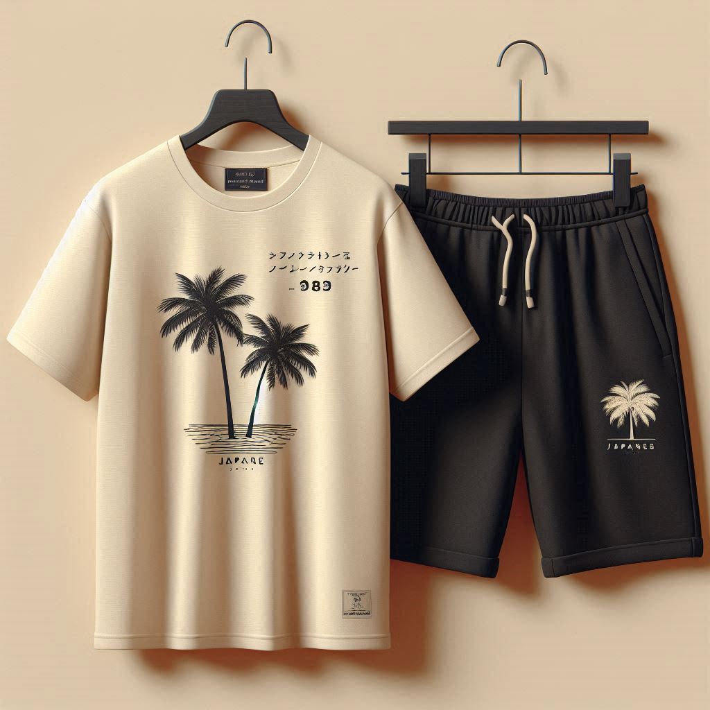 Palm Street Printed T-Shirt and Shorts Set - PSPRTSSH1 - Cream Black