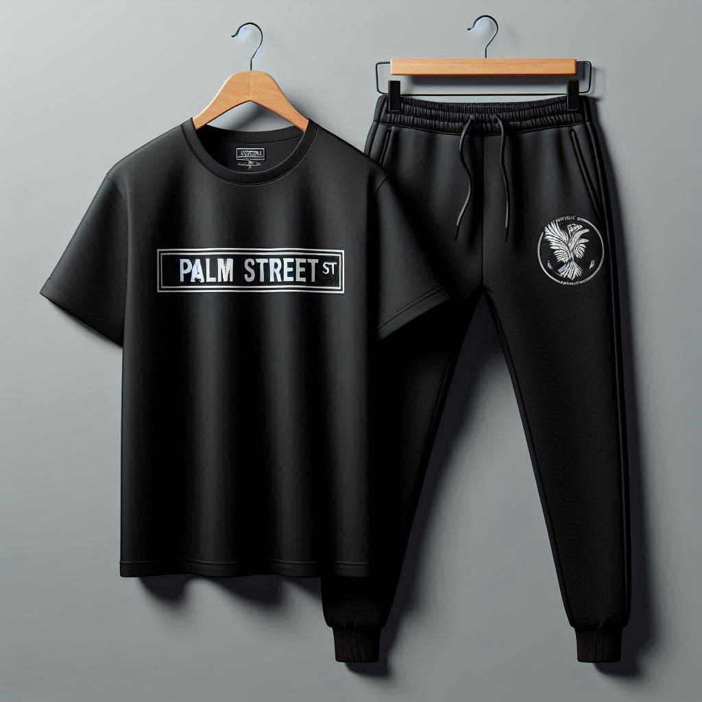 Palm Street Printed T-Shirt and Pants Set - PSPRTSPA1 - Black Black