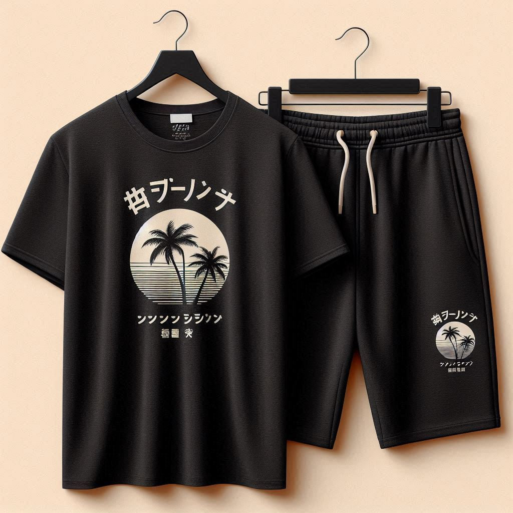 Palm Street Printed T-Shirt and Shorts Set - PSPRTSSH3 - Black Black