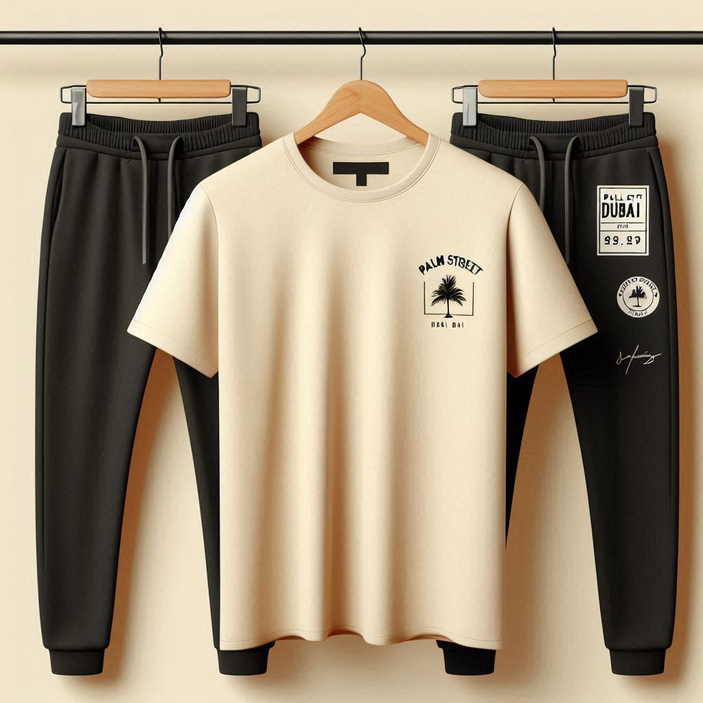 Palm Street Printed T-Shirt and Pants Set - PSPRTSPA17 - Cream Black