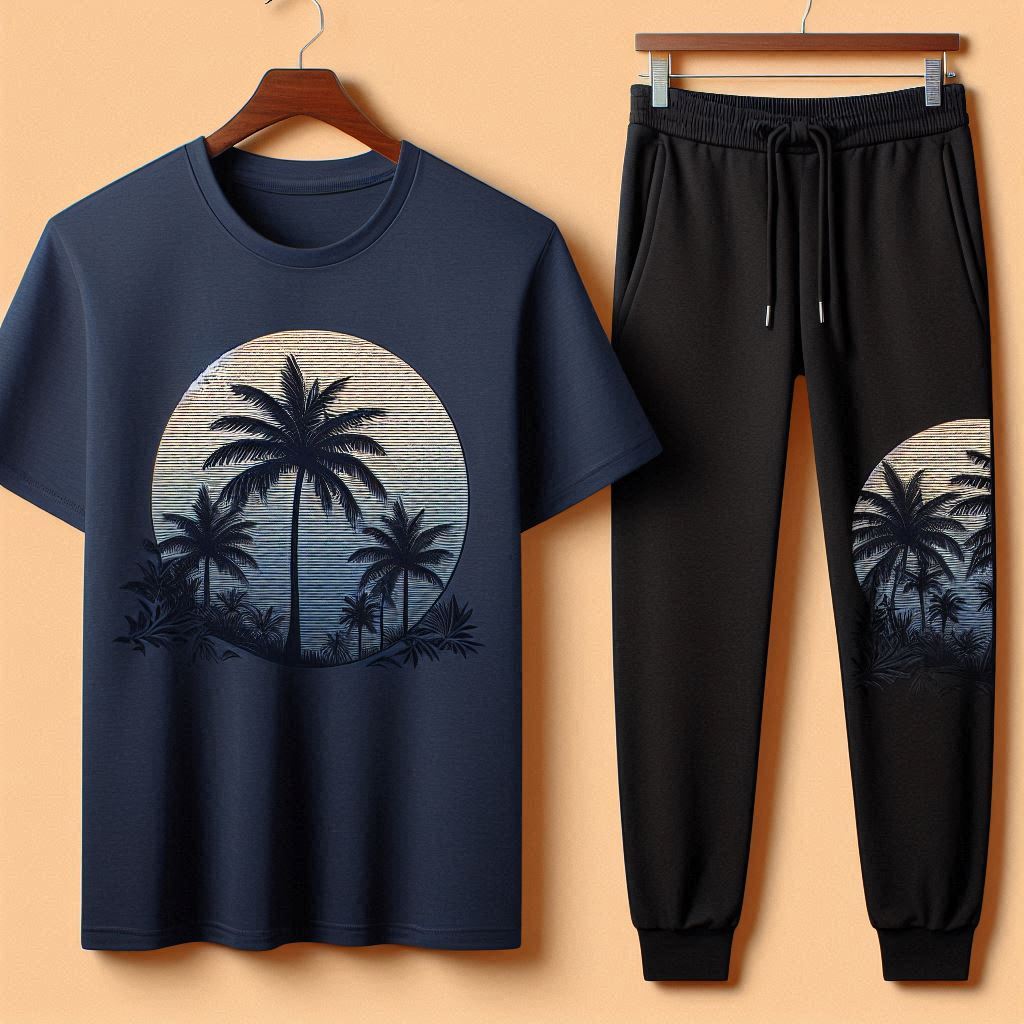 Palm Street Printed T-Shirt and Pants Set - PSPRTSPA9 - Navy Blue Black