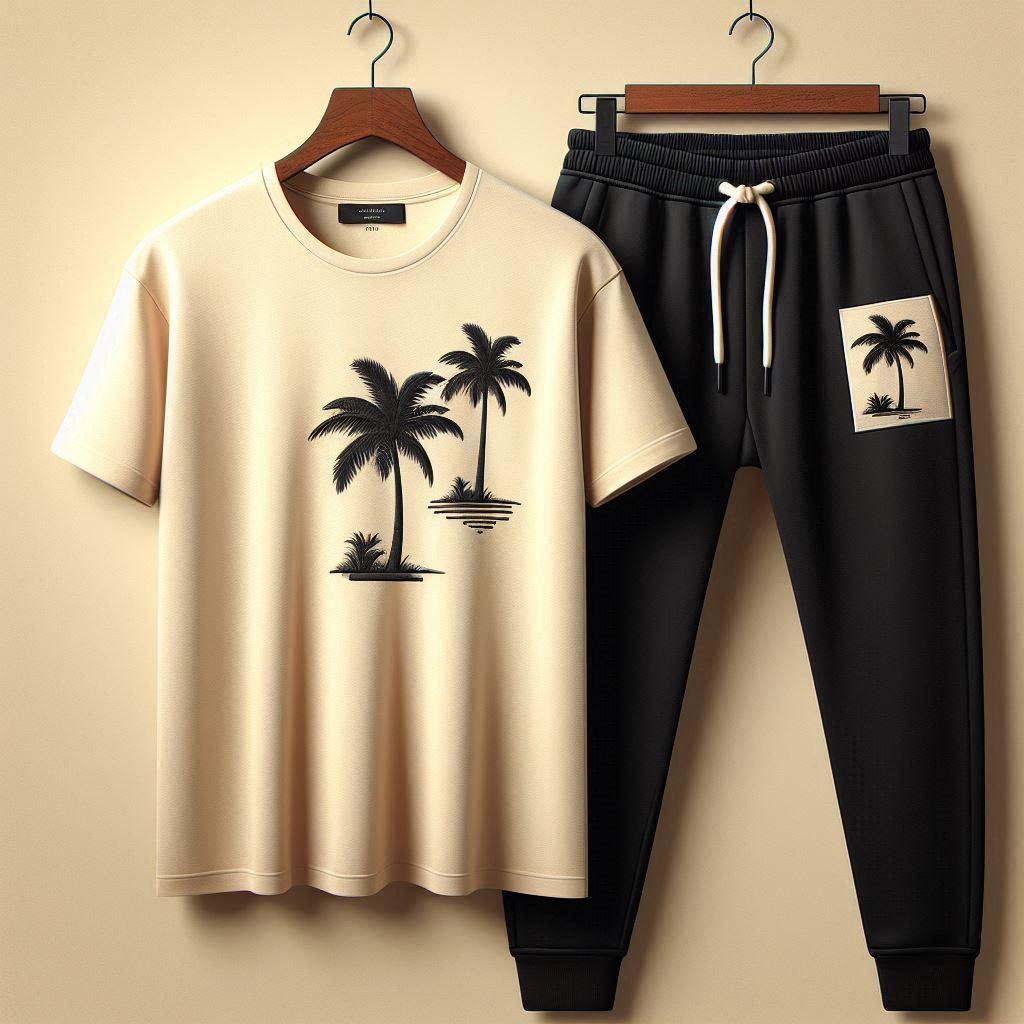 Palm Street Printed T-Shirt and Pants Set - PSPRTSPA5 - Cream Black