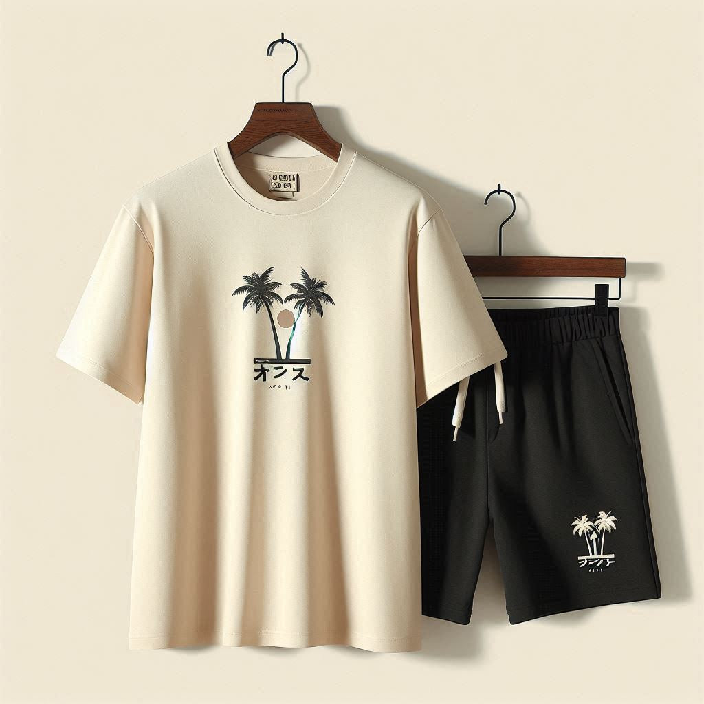 Palm Street Printed T-Shirt and Shorts Set - PSPRTSSH2 - Cream Black