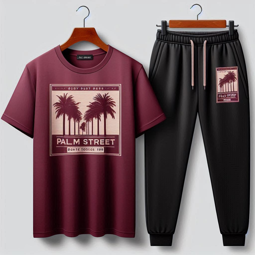 Palm Street Printed T-Shirt and Pants Set - PSPRTSPA4 - Maroon Black