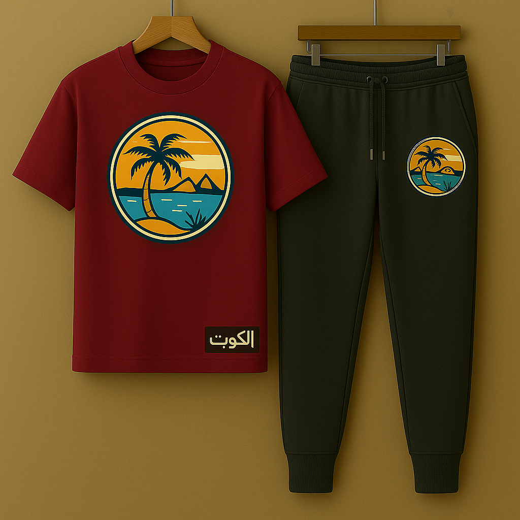 Palm Street Printed T-Shirt and Pants Set - PSPRTKUPA5 - Maroon Black - Kuwait Exclusive