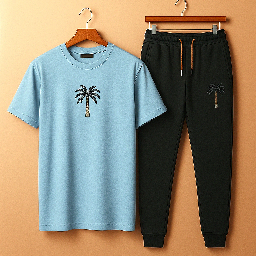 Palm Street Printed T-Shirt and Pants Set - PSPRTSPA19 - Light Blue Black