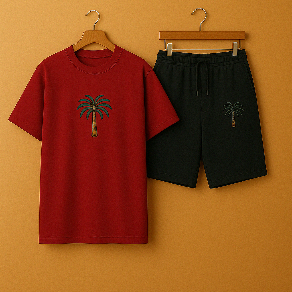 Palm Street Printed T-Shirt and Shorts Set - PSPRTSSH6 - Maroon Black