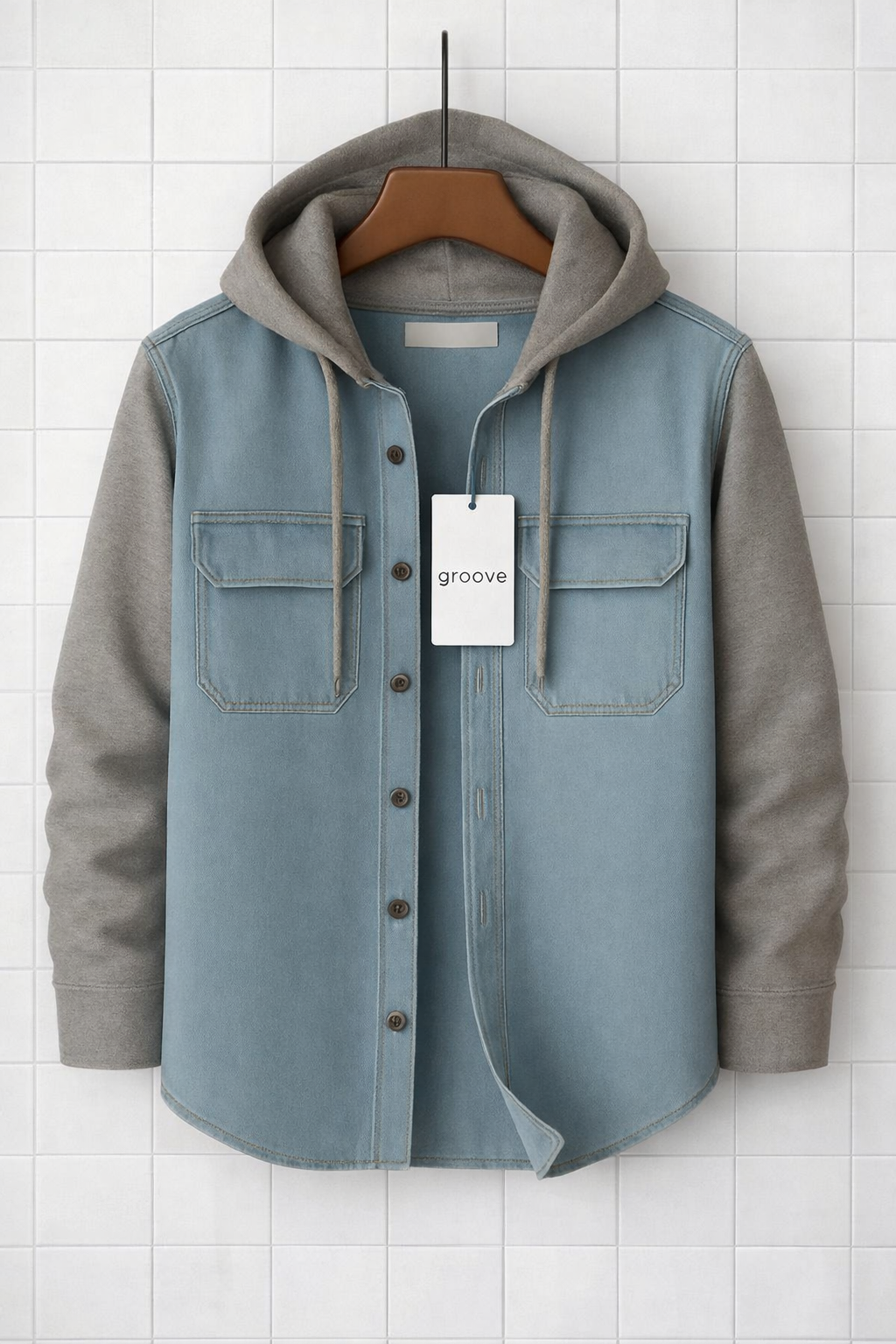 Mens Cotton Chambray Denim Hooded Detail Shirt GRVCS200 - Blue