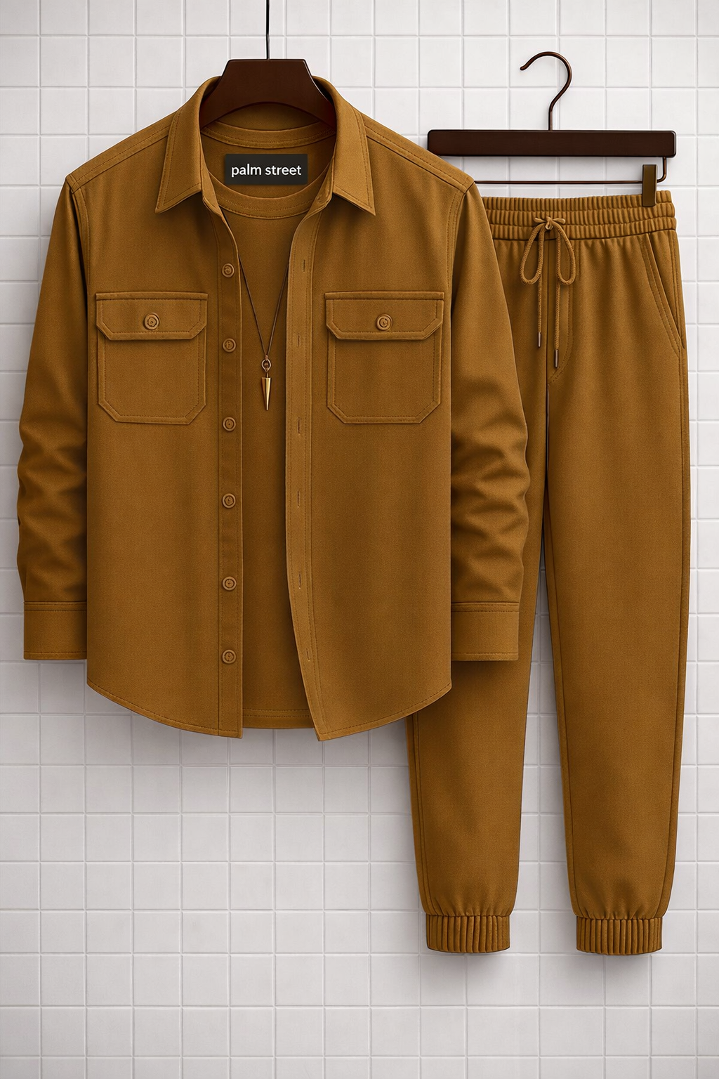 Mens Button Up Cotton Full Sleeve Shirt and Pants Set TTMSPTS35 - Brown