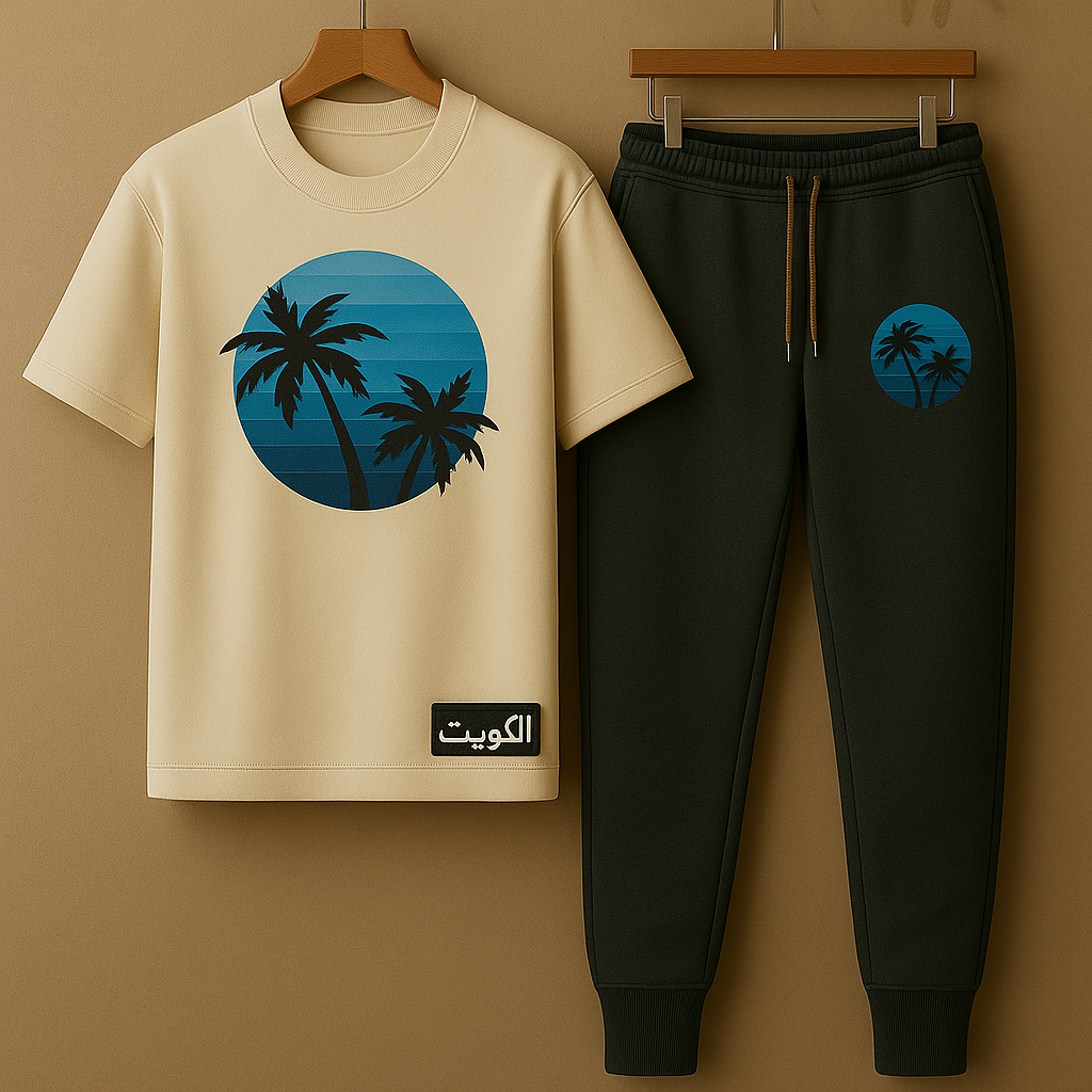 Palm Street Printed T-Shirt and Pants Set - PSPRTKUPA7 - Cream Black - Kuwait Exclusive