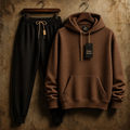 Palm Street Mens Classic Hoodie and Jogger Pants Plain Co Ord Set - Brown Black