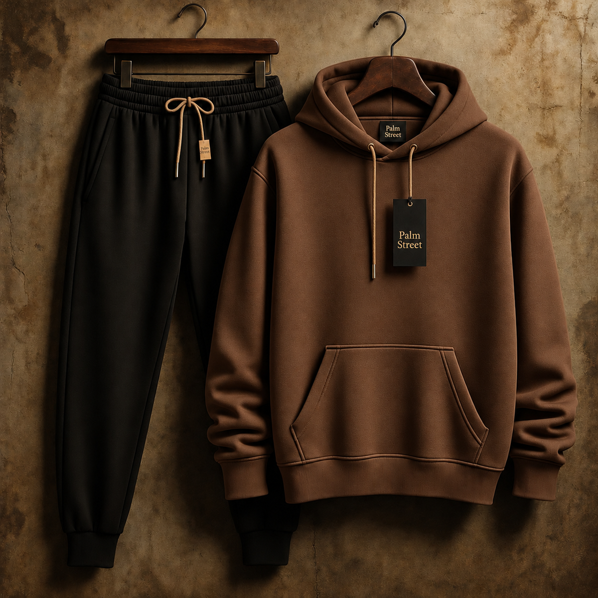 Palm Street Mens Classic Hoodie and Jogger Pants Plain Co Ord Set - Brown Black