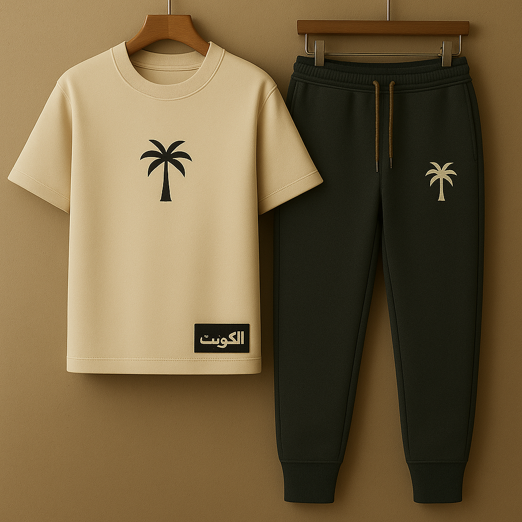 Palm Street Printed T-Shirt and Pants Set - PSPRTKUPA8 - Cream Black - Kuwait Exclusive