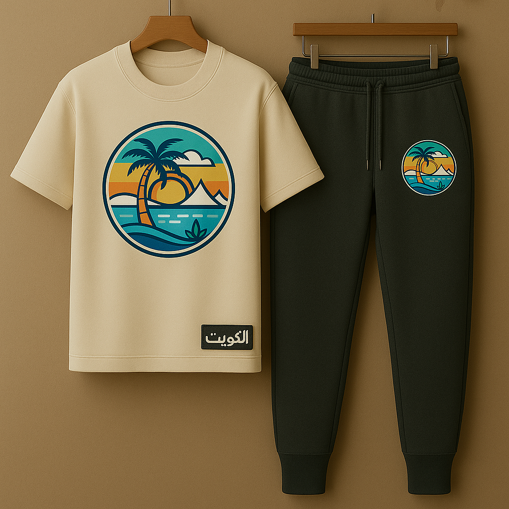 Palm Street Printed T-Shirt and Pants Set - PSPRTKUPA5 - Cream Black - Kuwait Exclusive