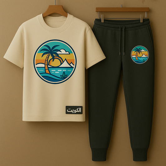 Palm Street Printed T-Shirt and Pants Set - PSPRTKUPA5 - Cream Black - Kuwait Exclusive