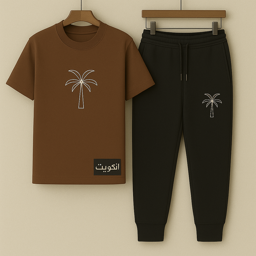 Palm Street Printed T-Shirt and Pants Set - PSPRTKUPA10 - Brown Black - Kuwait Exclusive
