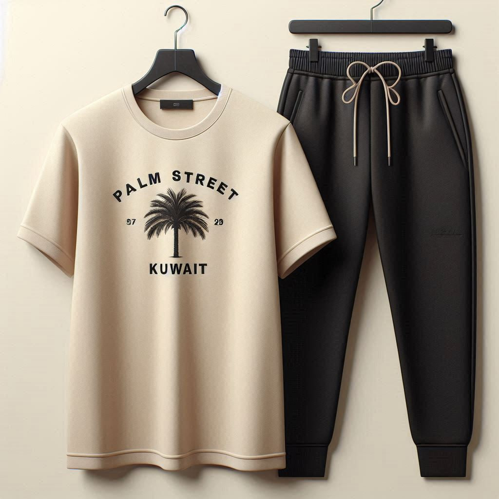 Palm Street Printed T-Shirt and Pants Set - PSPRTKUPA3 - Cream Black - Kuwait Exclusive