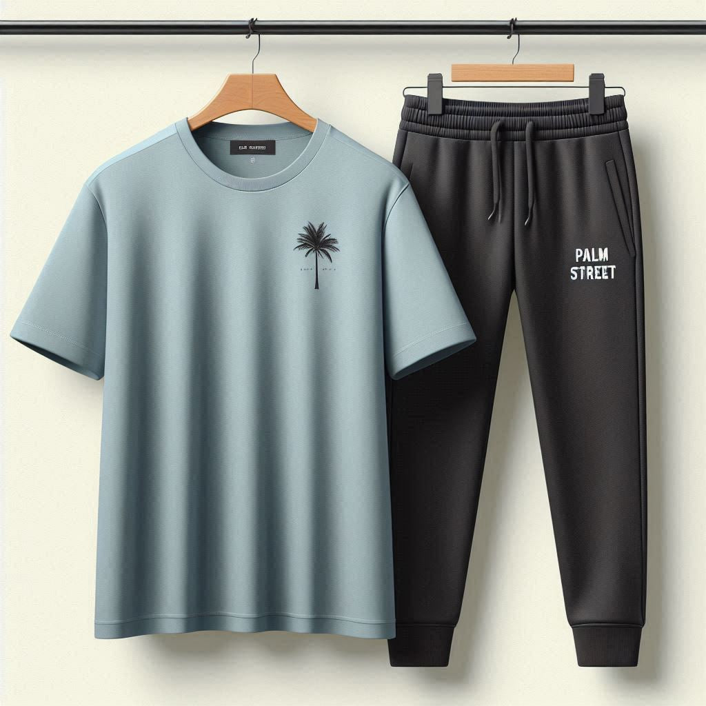Palm Street Printed T-Shirt and Pants Set - PSPRTSPA18 - Light Blue Black
