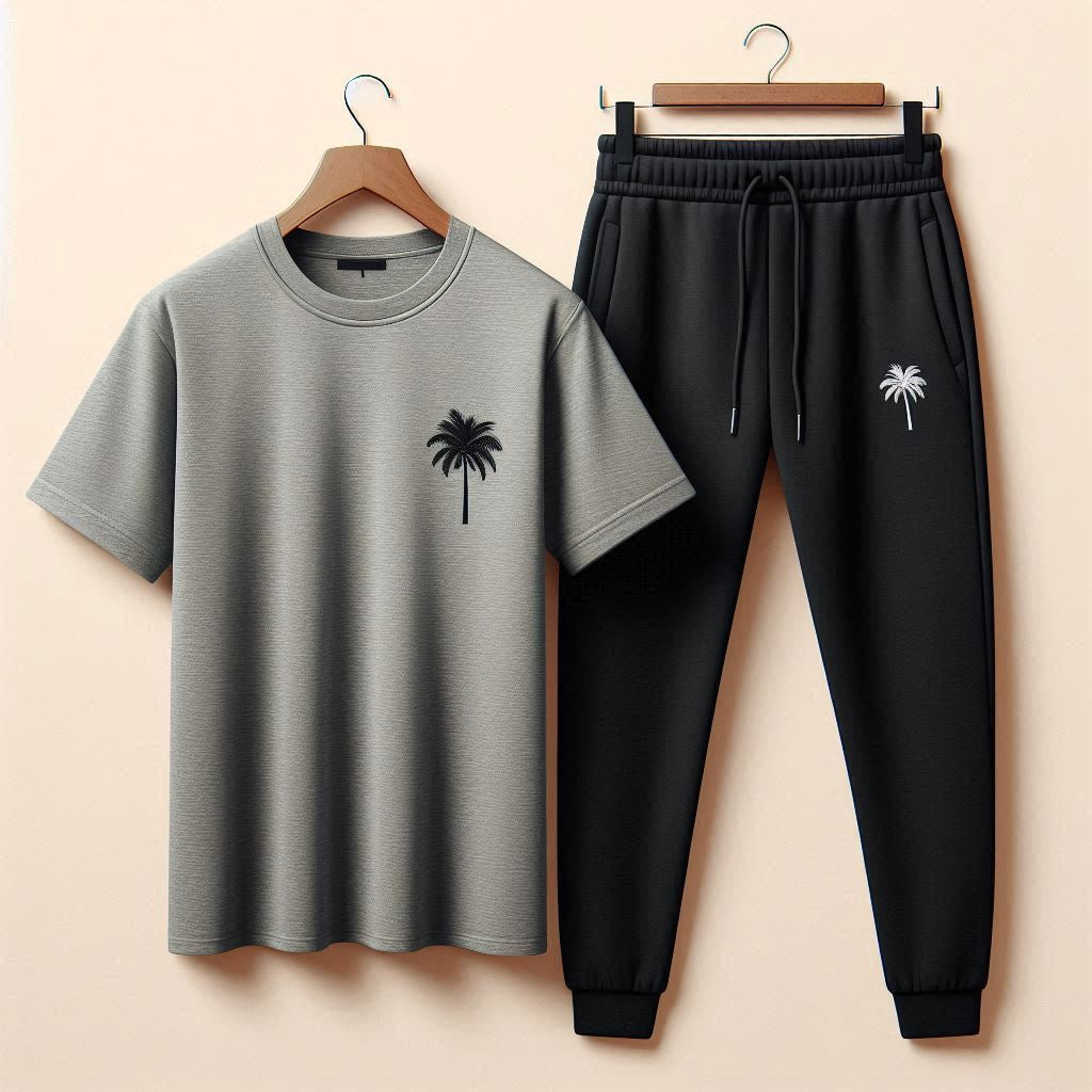 Palm Street Printed T-Shirt and Pants Set - PSPRTSPA21 - Grey Black