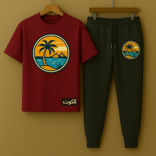 Palm Street Printed T-Shirt and Pants Set - PSPRTKUPA5 - Maroon Black - Kuwait Exclusive