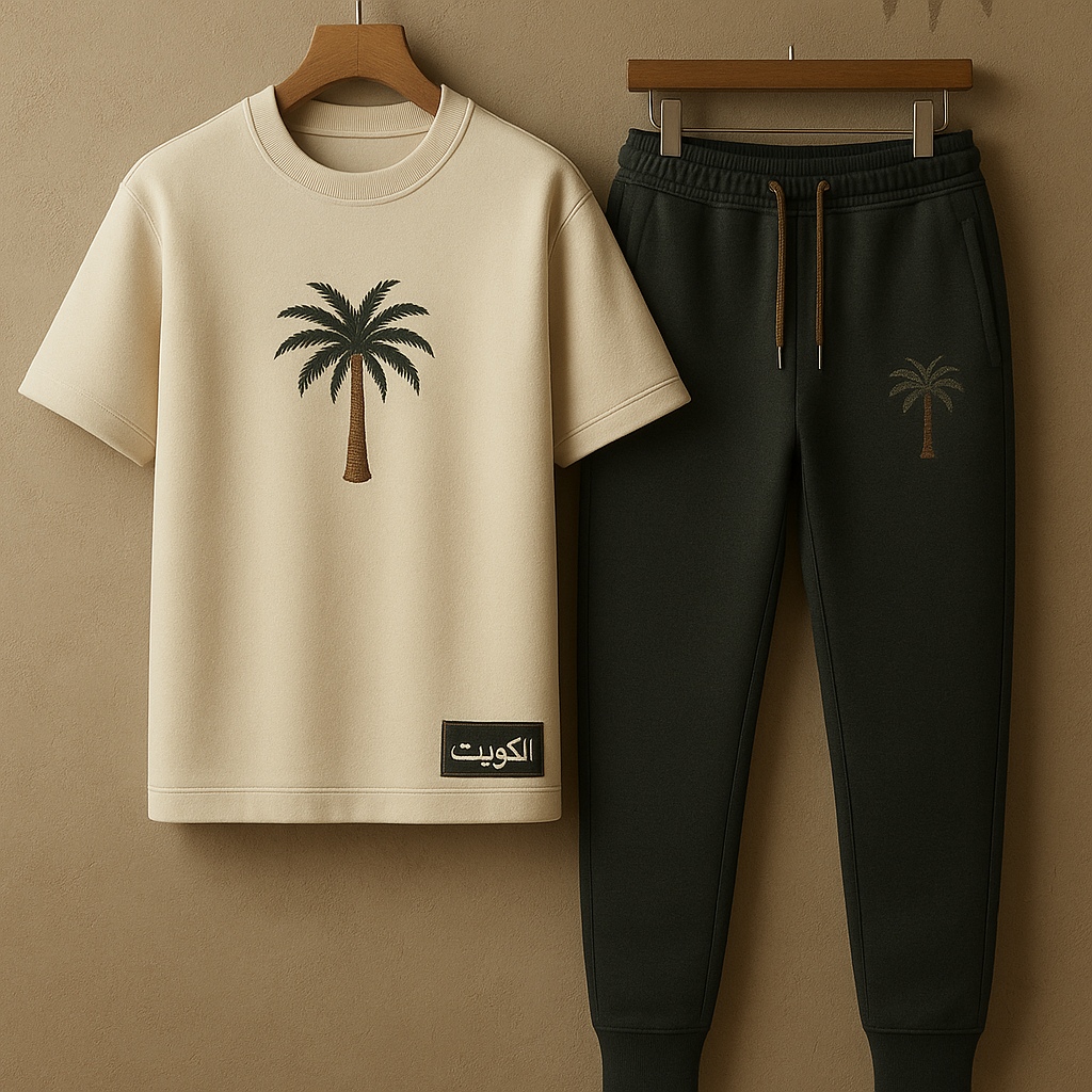 Palm Street Printed T-Shirt and Pants Set - PSPRTKUPA6 - Cream Black - Kuwait Exclusive