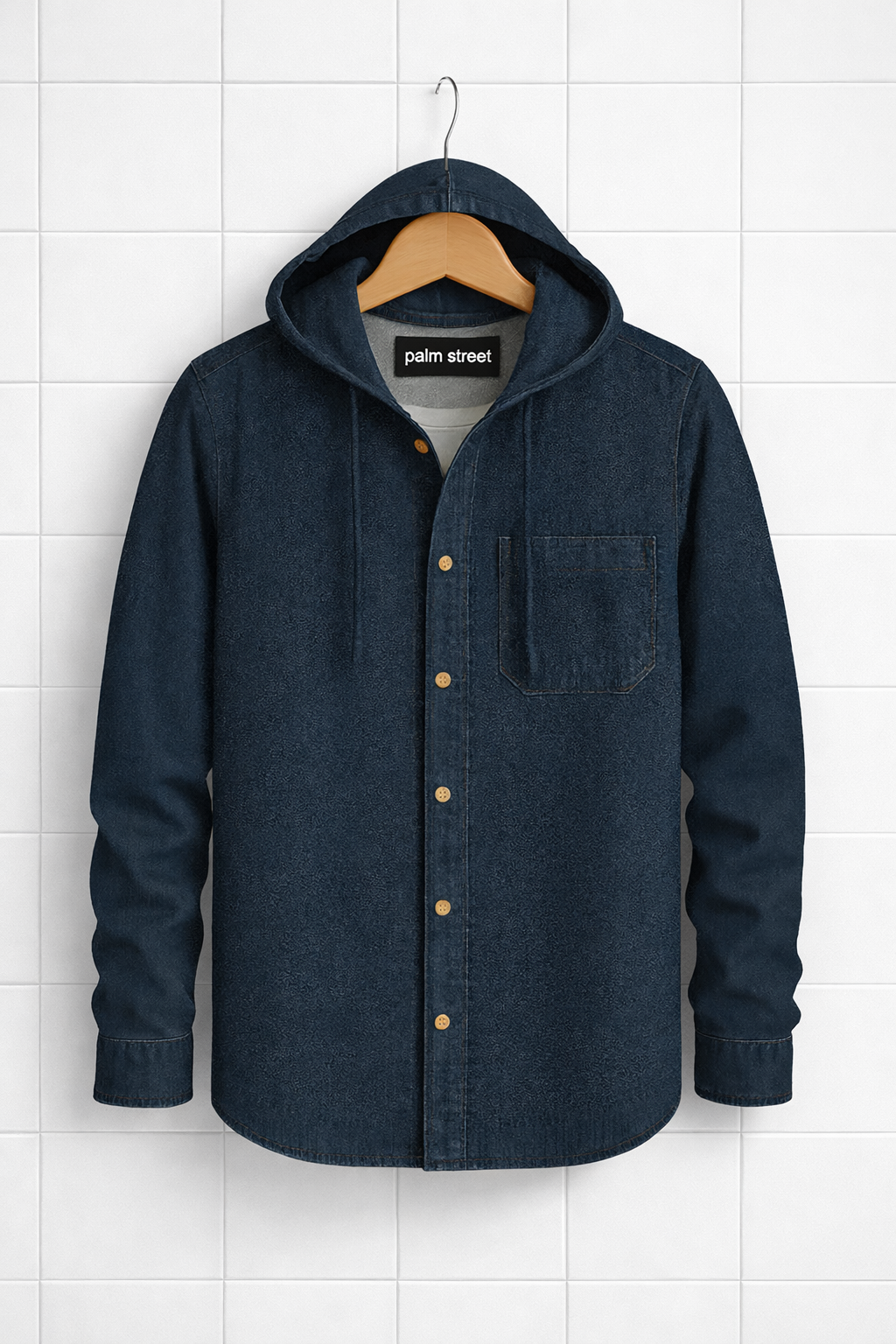 Mens Cotton Chambray Hooded Denim Shirt PMSTBSH6 - Blue