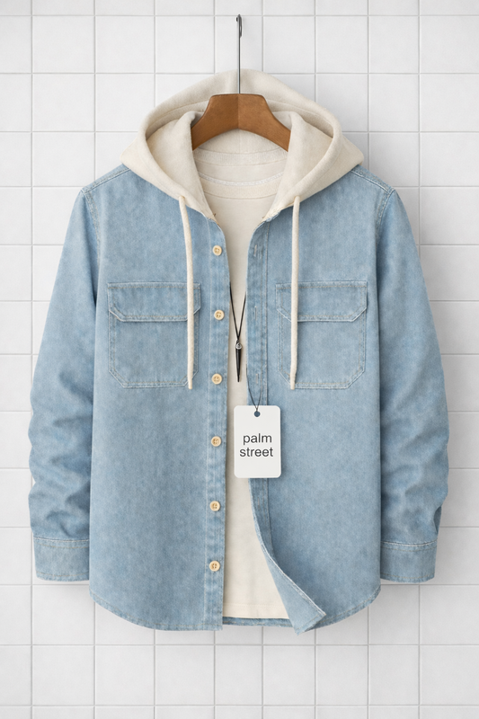 Mens Cotton Chambray Denim Hooded Detail Shirt GRVCS213 - Blue