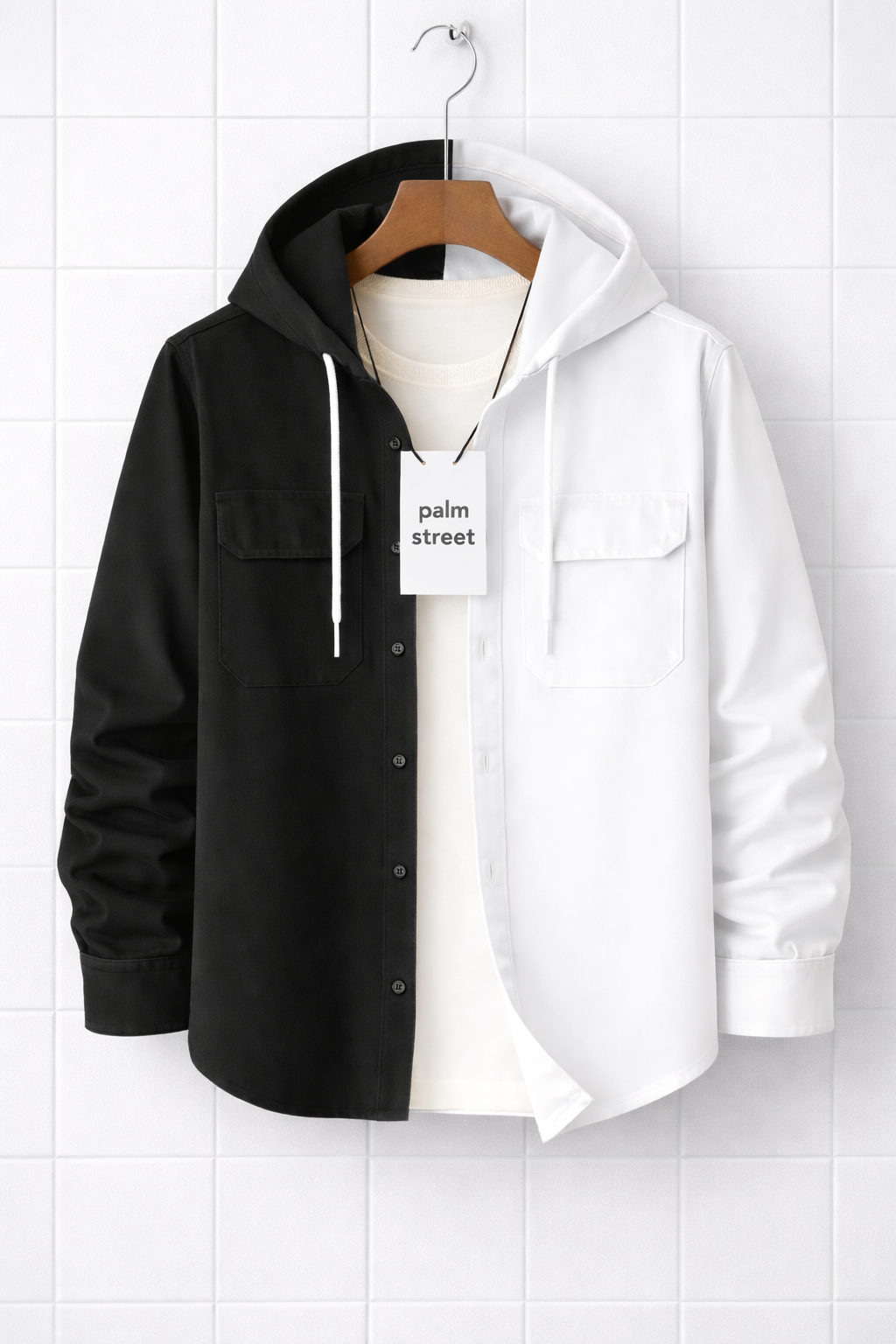 Mens Cotton Hooded Detail Shirt GRVCS215 - Black White