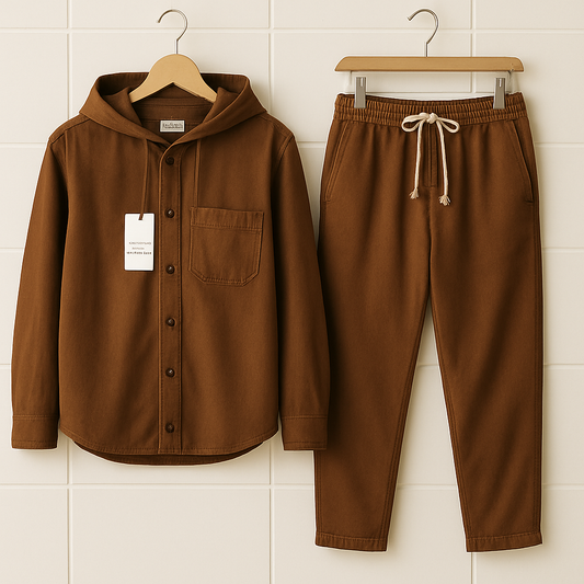 Mens Premium Hooded Cotton Button Full Sleeve Shirt and Pants Set - GRVSHPS5 - Brown